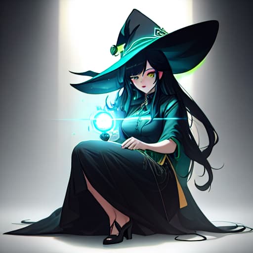  (A witch with long black hair and green eyes, she has a loto of tattoo. She is doing magic stuff), anime, highly detailed, 4k, high quality, trending on art station hyperrealistic, full body, detailed clothing, highly detailed, cinematic lighting, stunningly beautiful, intricate, sharp focus, f/1. 8, 85mm, (centered image composition), (professionally color graded), ((bright soft diffused light)), volumetric fog, trending on instagram, trending on tumblr, HDR 4K, 8K