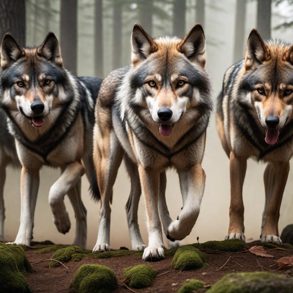  Create an image of a pack of dogs resembling a wolf pack, with a wolf as the leader and other very aggressive dog breeds following, totaling 11 dogs. The scene should convey a sense of power and unity within the pack. hyperrealistic, full body, detailed clothing, highly detailed, cinematic lighting, stunningly beautiful, intricate, sharp focus, f/1. 8, 85mm, (centered image composition), (professionally color graded), ((bright soft diffused light)), volumetric fog, trending on instagram, trending on tumblr, HDR 4K, 8K