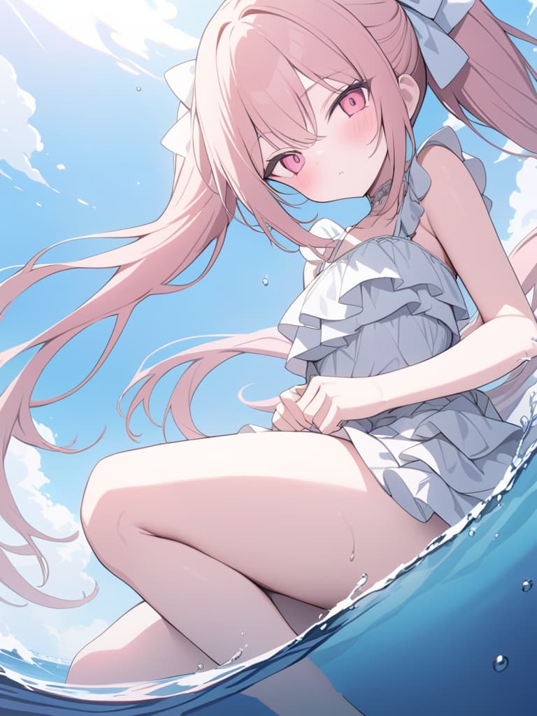  Swimwear, pink, frills, float, sea, twin tails, horizontal illustrations, masterpiece, best quality,8k,ultra detailed,high resolution,an extremely delicate and beautiful,hyper detail