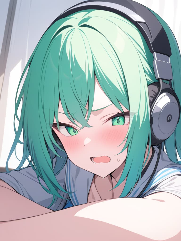  Headphone green hair short Hirose Suzu, shouting of anger, masterpiece, best quality,8k,ultra detailed,high resolution,an extremely delicate and beautiful,hyper detail