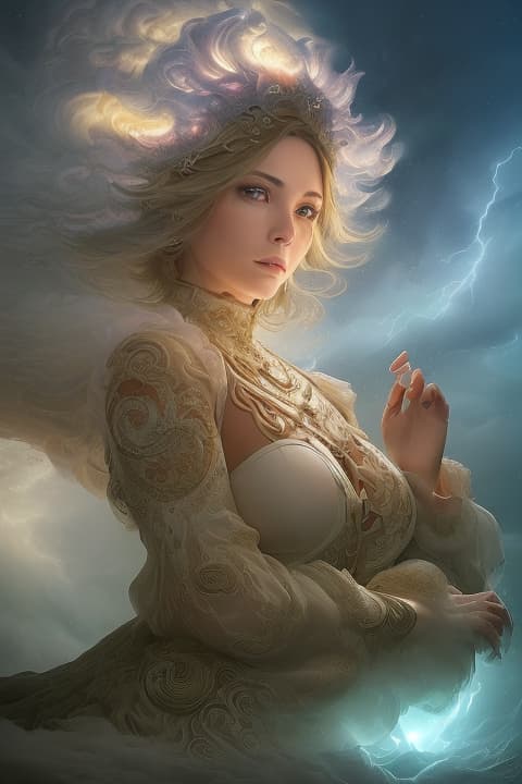  (in Marc Simonetti style:1.4), (masterpiece:1.2), (A female sentient cloud with a constantly shifting form, adorned in a swirling ensemble of vapor and lightning, a composition inspired by atmospheric phenomena and meteorological patterns, wearing unique Avant garde masterpiece attire and headdress:1.1), (illuminated by the ethereal glow of the moon and stars, set against the backdrop of a vast open sky filled with swirling clouds and distant thunderstorms:1.1), (hyperdetailed:1.1), (intricate details:1.0), (Refined details:1.1), (best quality:1.1), (very stylish detailed modern haircut, mesmerizing detailed radiant face, mesmerizing detailed beautiful eyes:1.2)