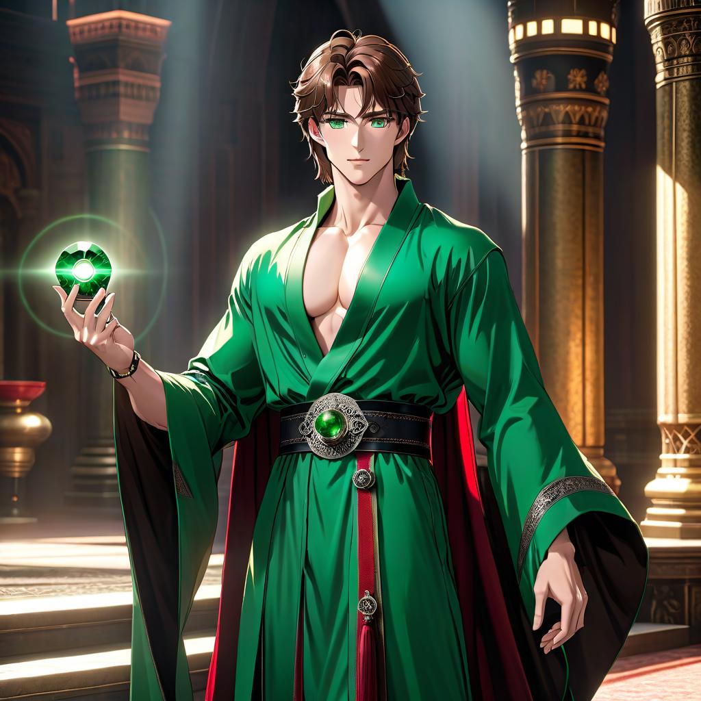  A tall young man, with brown hair, and green eyes. He is wearing a green robe, with a belt at his waist. His pants are black. There is a silver ring with a red gemstone on his index finger of the right hand. hyperrealistic, full body, detailed clothing, highly detailed, cinematic lighting, stunningly beautiful, intricate, sharp focus, f/1. 8, 85mm, (centered image composition), (professionally color graded), ((bright soft diffused light)), volumetric fog, trending on instagram, trending on tumblr, HDR 4K, 8K