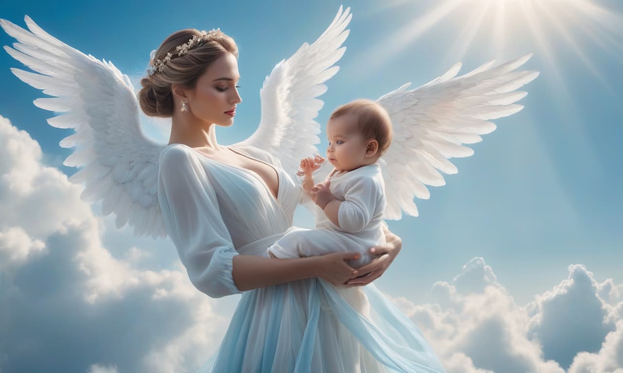  An angel holds a baby in his hand, flies towards the sky blue, circling around the cloud, realistically. hyperrealistic, full body, detailed clothing, highly detailed, cinematic lighting, stunningly beautiful, intricate, sharp focus, f/1. 8, 85mm, (centered image composition), (professionally color graded), ((bright soft diffused light)), volumetric fog, trending on instagram, trending on tumblr, HDR 4K, 8K