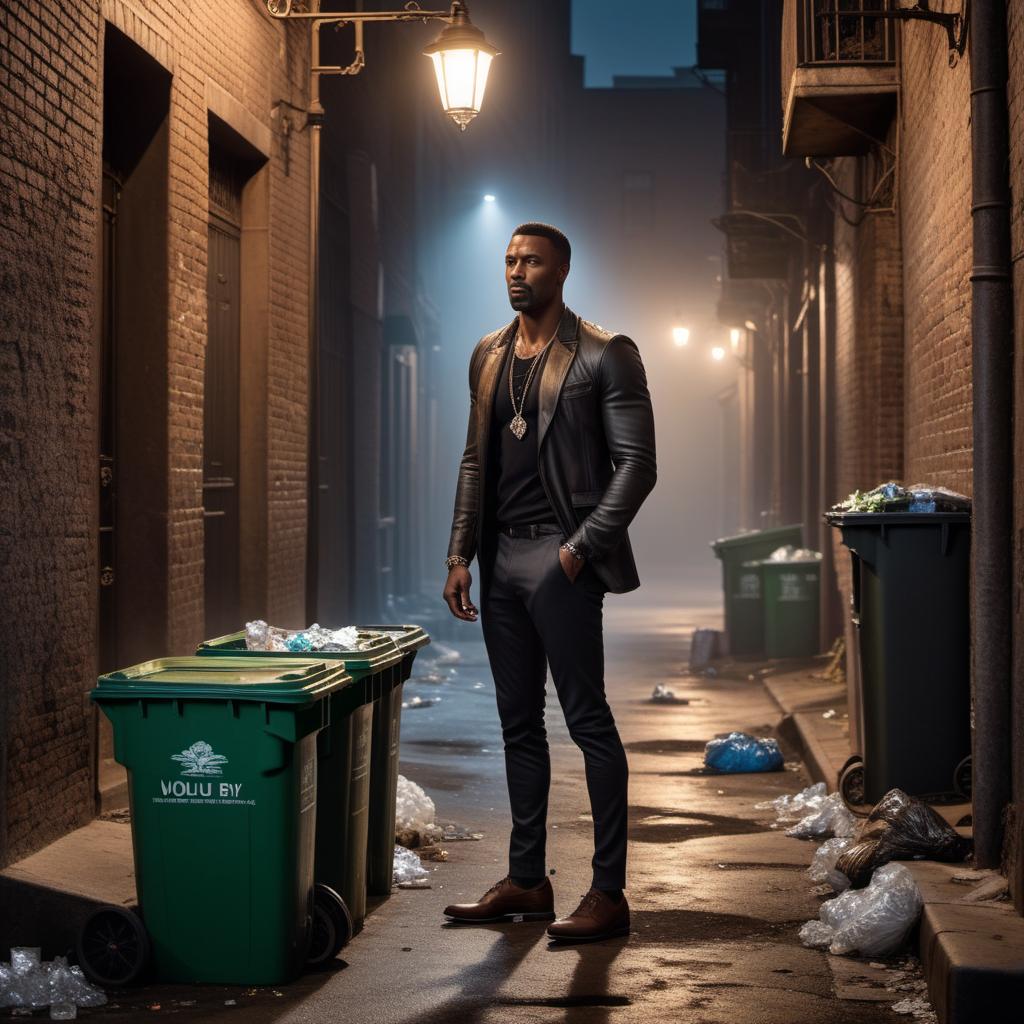  A tall guy wearing jewelry, with no shoes on, eating out of garbage cans in a dark alley under a street light. The scene captures a gritty and somber atmosphere. hyperrealistic, full body, detailed clothing, highly detailed, cinematic lighting, stunningly beautiful, intricate, sharp focus, f/1. 8, 85mm, (centered image composition), (professionally color graded), ((bright soft diffused light)), volumetric fog, trending on instagram, trending on tumblr, HDR 4K, 8K