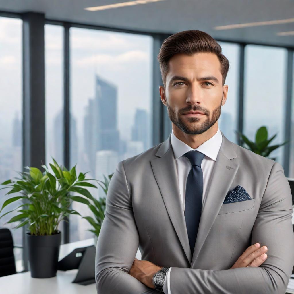  A business photo of a person wearing a suit, standing in an office setting with a serious expression. The background includes elements like desks, computers, and office plants. hyperrealistic, full body, detailed clothing, highly detailed, cinematic lighting, stunningly beautiful, intricate, sharp focus, f/1. 8, 85mm, (centered image composition), (professionally color graded), ((bright soft diffused light)), volumetric fog, trending on instagram, trending on tumblr, HDR 4K, 8K