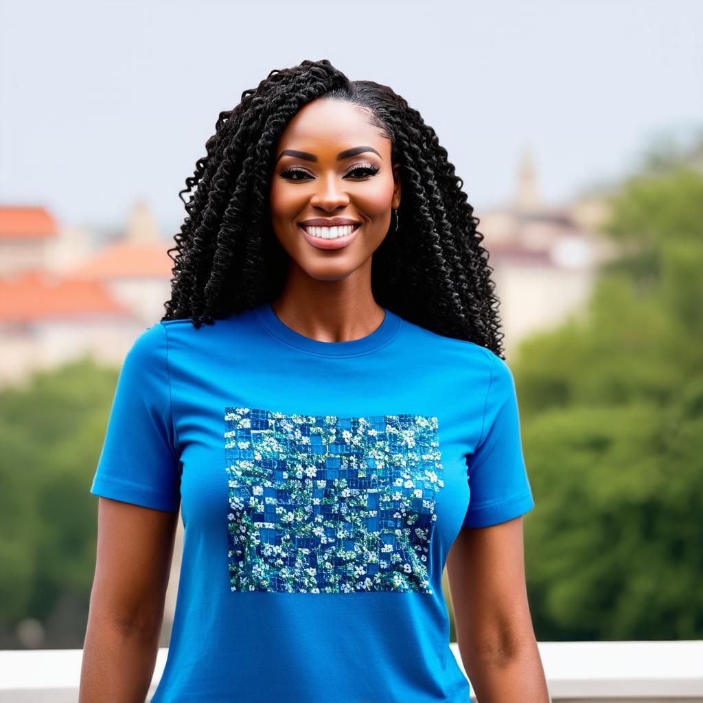  half body portrait black curly happy woman wearing blue t shirt with squared floral pattern on t shirt, Blurred city Background high quality, detailed intricate insanely detailed, flattering light, RAW photo, photography, photorealistic, ultra detailed, depth of field, 8k resolution , detailed background, f1.4, sharpened focus hyperrealistic, full body, detailed clothing, highly detailed, cinematic lighting, stunningly beautiful, intricate, sharp focus, f/1. 8, 85mm, (centered image composition), (professionally color graded), ((bright soft diffused light)), volumetric fog, trending on instagram, trending on tumblr, HDR 4K, 8K