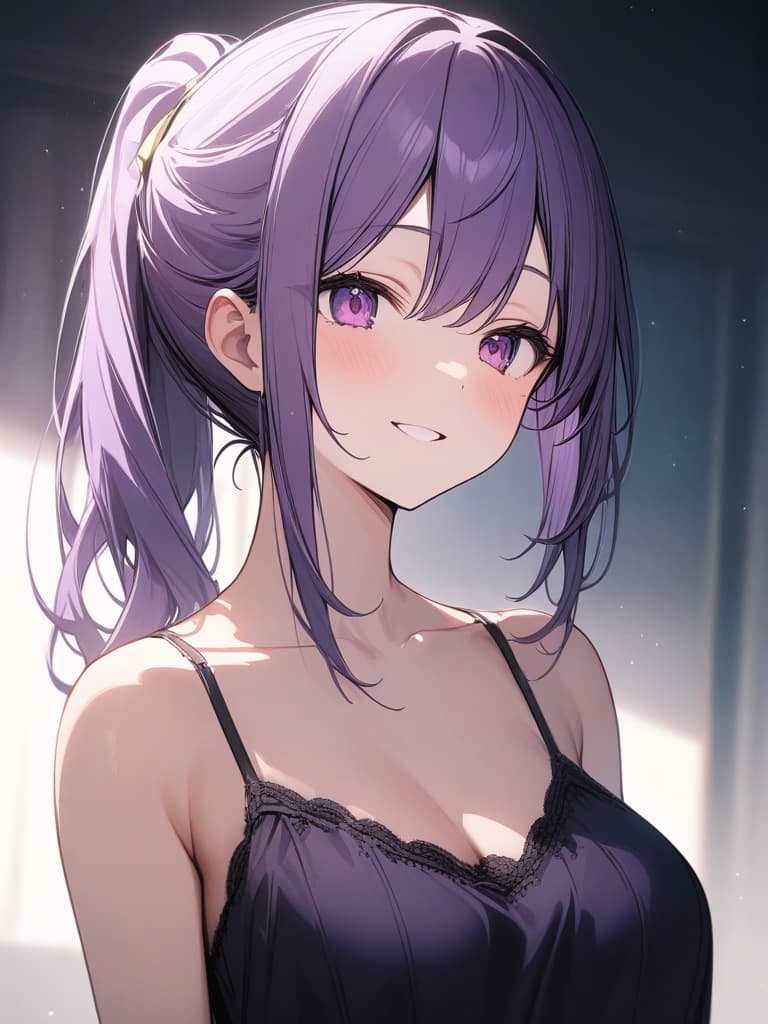  Cute, , long hair, thin body, ponytail, purple hair, purple eyes, big s, gs, purple clothes, sisters, smiles, camisole, masterpiece, best quality,8k,ultra detailed,high resolution,an extremely delicate and beautiful,hyper detail