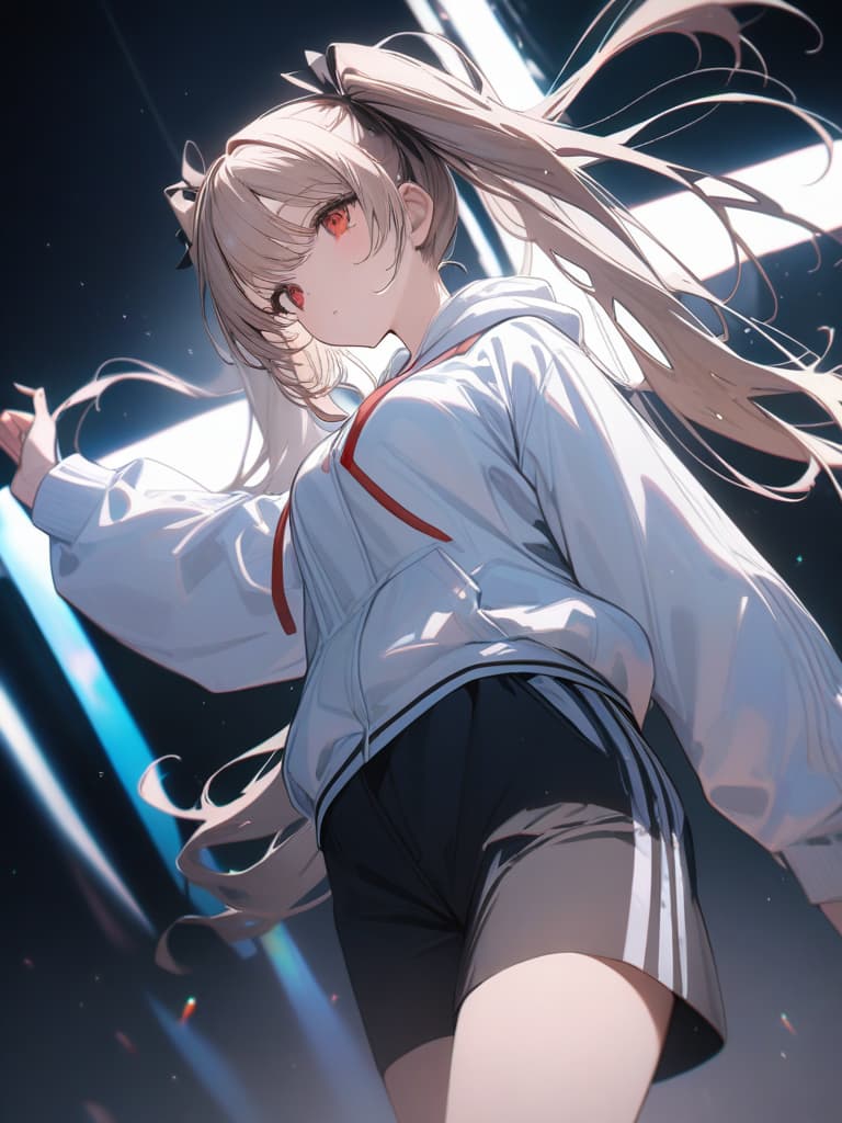  Red eyes, beige, twin tails, black ribbons on hair, dress sporty large hoodies, half pants, background white, light, fleeting, masterpiece, best quality,8k,ultra detailed,high resolution,an extremely delicate and beautiful,hyper detail