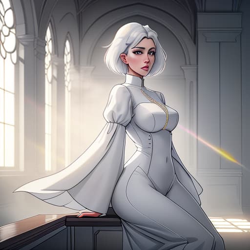  Art, a girl in a modest sitting pose, in tight white clothes, short hair, releases a white dove, dark background, church motifs, anime style, a full grown girl releases a white dove. hyperrealistic, full body, detailed clothing, highly detailed, cinematic lighting, stunningly beautiful, intricate, sharp focus, f/1. 8, 85mm, (centered image composition), (professionally color graded), ((bright soft diffused light)), volumetric fog, trending on instagram, trending on tumblr, HDR 4K, 8K