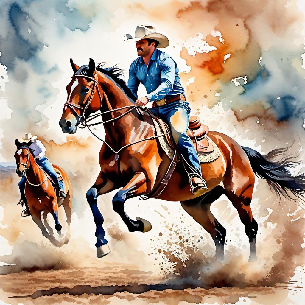  Create a watercolor painting of a man ridding a bucking horse at a rodeo. The background features soft, watercolor style splashes in earthy tones, giving the image an artistic and dreamy feel. Ensure the overall image has a delicate watercolor effect.