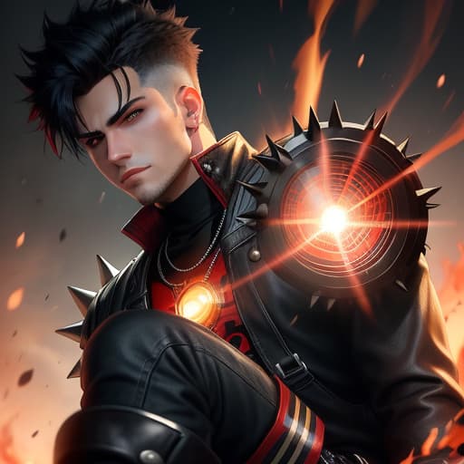  Caucasian, , male, avarage hight, black spiky hair, sungles, red and black shirt with a pentecle on the , red gloves and boots, fire powers , hyperrealistic, high quality, highly detailed, perfect lighting, intricate, sharp focus, f/1. 8, 85mm, (centered image composition), (professionally color graded), ((bright soft diffused light)), trending on instagram, HDR 4K, 8K