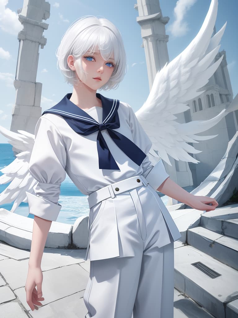  White hair, blue eyes, angel, short hair, sailor suit, boy, cute, pants, masterpiece, best quality,8k,ultra detailed,high resolution,an extremely delicate and beautiful,hyper detail