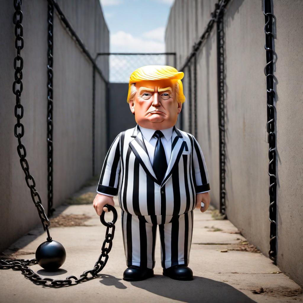  Create a humorous image of a cartoon version of Donald Trump dressed as a prisoner, complete with black-and-white striped prison uniform and a ball and chain. Add a comical expression on his face to enhance the humor of the image. hyperrealistic, full body, detailed clothing, highly detailed, cinematic lighting, stunningly beautiful, intricate, sharp focus, f/1. 8, 85mm, (centered image composition), (professionally color graded), ((bright soft diffused light)), volumetric fog, trending on instagram, trending on tumblr, HDR 4K, 8K