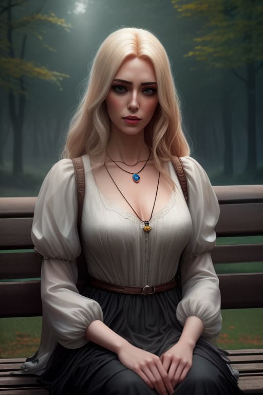  A girl with light hair mysteriously sits on a bench in the park, looking afar. Birds fly by. A necklace adorns her neck., dark , creepy , blood , monsters , by Jason Engle , Carlos Huante , Charlie Bowater , Simon Lee , Brom hyperrealistic, full body, detailed clothing, highly detailed, cinematic lighting, stunningly beautiful, intricate, sharp focus, f/1. 8, 85mm, (centered image composition), (professionally color graded), ((bright soft diffused light)), volumetric fog, trending on instagram, trending on tumblr, HDR 4K, 8K