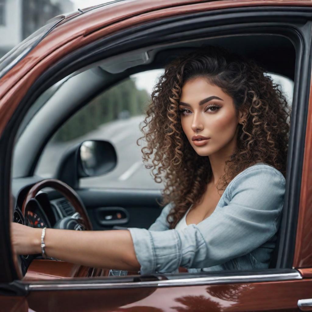  A girl with braces and curly hair sitting in a car and looking at herself in the mirror hyperrealistic, full body, detailed clothing, highly detailed, cinematic lighting, stunningly beautiful, intricate, sharp focus, f/1. 8, 85mm, (centered image composition), (professionally color graded), ((bright soft diffused light)), volumetric fog, trending on instagram, trending on tumblr, HDR 4K, 8K