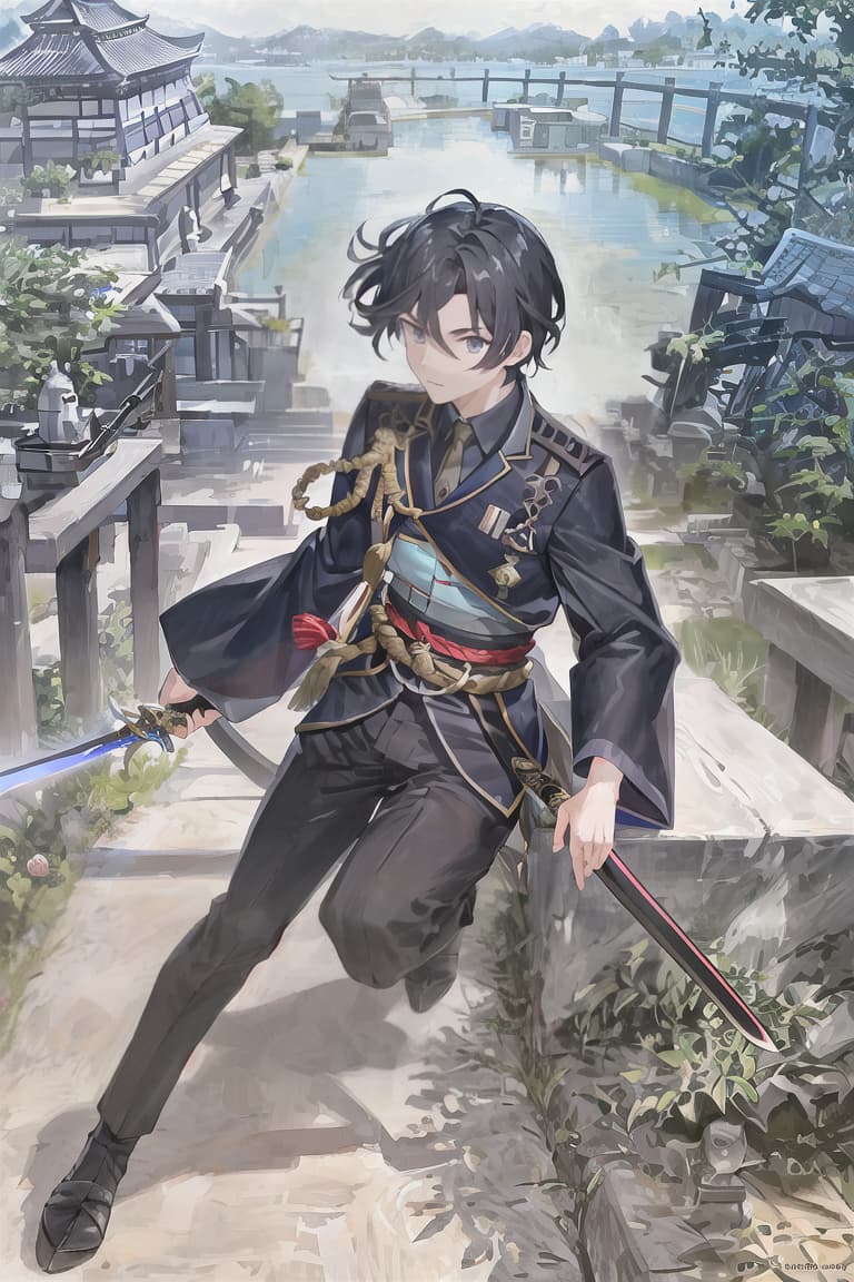  master piece , best quality,Male, warrior, light blue eyes, black hair all back, black military uniform, holding sword, demon king, camellia, Japanese style