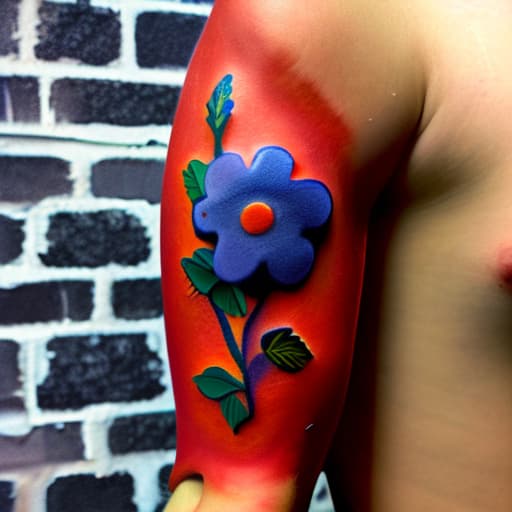 wa-vy style Arm tattoo of Various bright red orange and blue flowers growing along a vine steampunk style