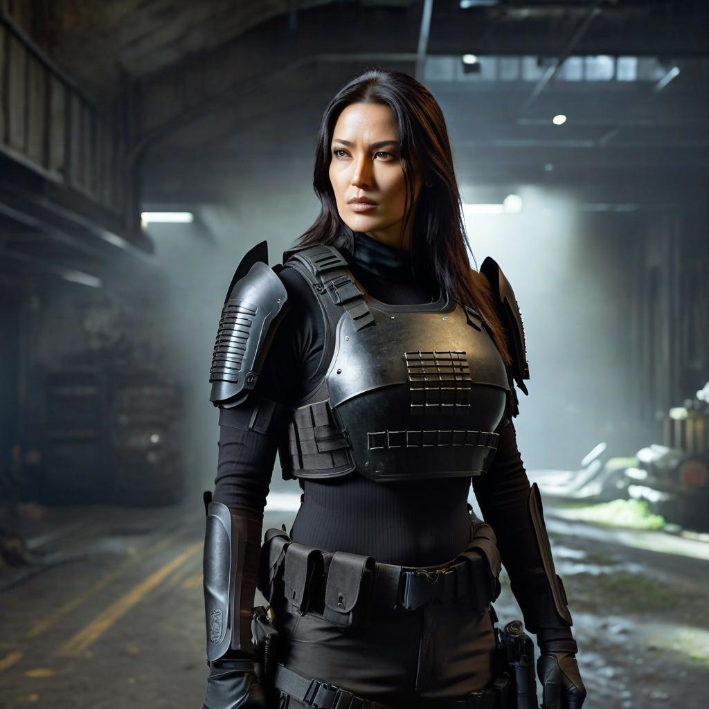  Girl with scars on her face. She is wearing a black shirt with a body armor over it, tactical equipment. Dark long hair. Setting of the world half life 2., FILM PHOTOGRAPHY STYLE hyperrealistic, full body, detailed clothing, highly detailed, cinematic lighting, stunningly beautiful, intricate, sharp focus, f/1. 8, 85mm, (centered image composition), (professionally color graded), ((bright soft diffused light)), volumetric fog, trending on instagram, trending on tumblr, HDR 4K, 8K