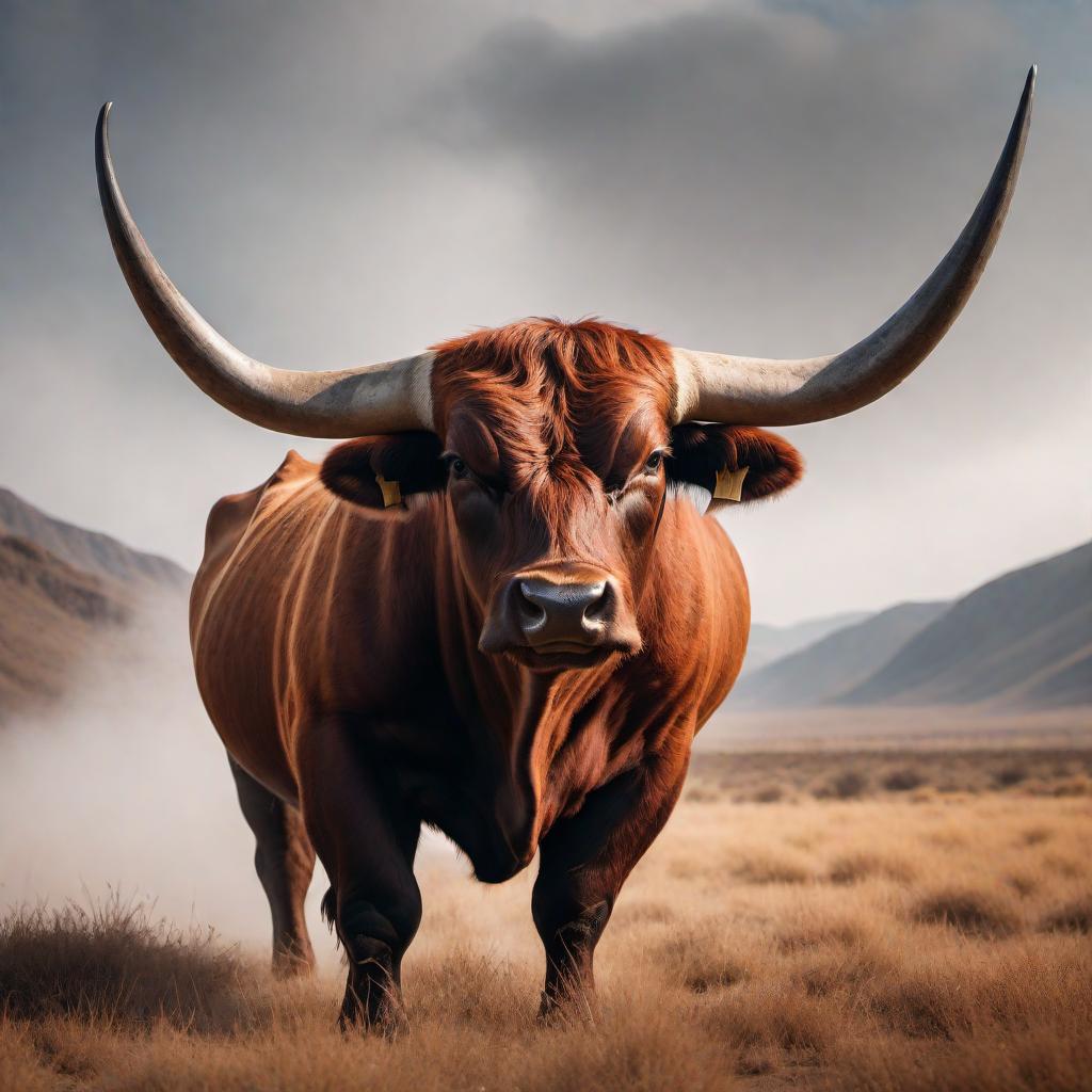  A muscular, fierce Longhorn Bull with its head lowered in an attacking stance for the 'Longhorn Beef Jerky Co.' logo. The bull's body and head should be prominently powerful, with defined muscles. Colors used should be burnt orange, gray, black, and off-white. The eyes need to be red and black to give a fierce look. Smoke should be snorting from the bull's nostrils, giving the impression of intensity and aggression. The overall design should have a rugged, rustic feel to align with the nature of the beef jerky business. hyperrealistic, full body, detailed clothing, highly detailed, cinematic lighting, stunningly beautiful, intricate, sharp focus, f/1. 8, 85mm, (centered image composition), (professionally color graded), ((bright soft diffused light)), volumetric fog, trending on instagram, trending on tumblr, HDR 4K, 8K