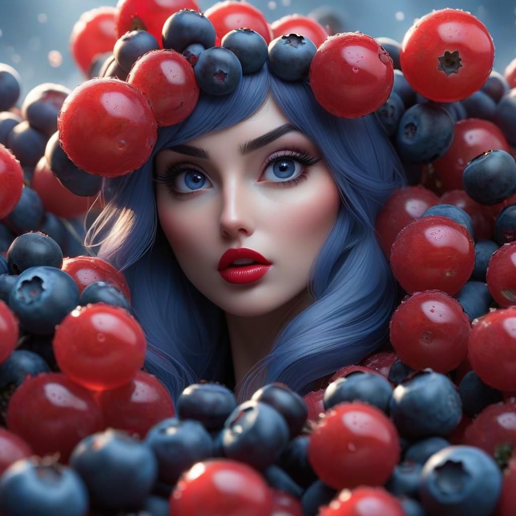  A live blueberry with a clear face swoops onto the screen, in her hand a red sphere in which many small blueberries swirl around hyperrealistic, full body, detailed clothing, highly detailed, cinematic lighting, stunningly beautiful, intricate, sharp focus, f/1. 8, 85mm, (centered image composition), (professionally color graded), ((bright soft diffused light)), volumetric fog, trending on instagram, trending on tumblr, HDR 4K, 8K