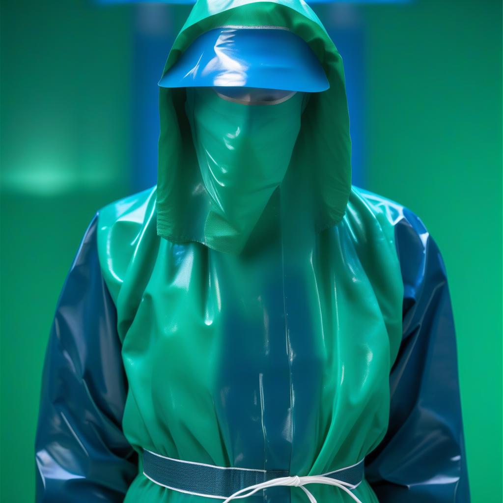  "(hyperdetailization:1.3), one female surgeon, stands, (full body:1.2), (front view:1.2), (close up of face:1.2), wearing: a surgical gown of knee length, with (elastic belt at waist:1.1), (long sleeves with elastic cuffs:1.1), on head: (surgical cap:1.1), on face: (surgical mask with ties:1.1), on legs: (surgical pants to ankle length:1.1) (zipped up to high cut surgical boots with ties down to the calf:1.1), on hands: (surgical gloves:1.1), made of (glossy latex:1.3), each piece of the outfit is divided horizontally in half, (color gradually changes from dark green to dark blue:1.5)" hyperrealistic, full body, detailed clothing, highly detailed, cinematic lighting, stunningly beautiful, intricate, sharp focus, f/1. 8, 85mm, (centered image composition), (professionally color graded), ((bright soft diffused light)), volumetric fog, trending on instagram, trending on tumblr, HDR 4K, 8K