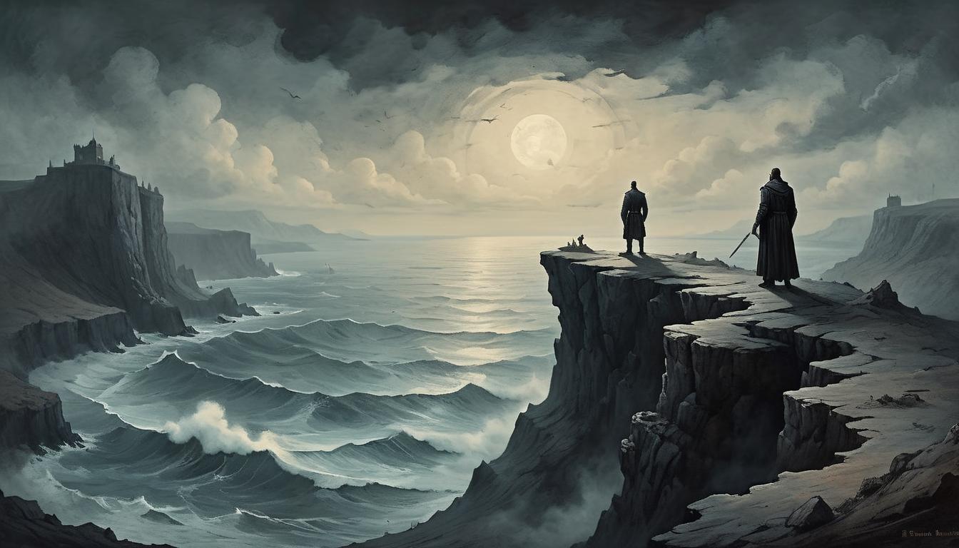  on parchment, surrealism+++, A lone figure standing on a desolate cliff overlooking a vast, dark ocean, imbued with a sense of strength and determination, boundless solitude(mysterious, provocative, symbolic,muted color)+++