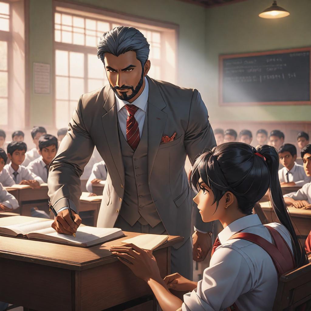  a teacher praising a student in the classroom in India (both are male), ((Anime)) hyperrealistic, full body, detailed clothing, highly detailed, cinematic lighting, stunningly beautiful, intricate, sharp focus, f/1. 8, 85mm, (centered image composition), (professionally color graded), ((bright soft diffused light)), volumetric fog, trending on instagram, trending on tumblr, HDR 4K, 8K