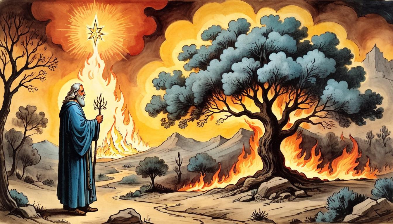  on parchment, surrealism+++, Moses standing in front of a burning bush, flames bright but not consuming the bush, night scene with star filled sky, holy light emanating from the bush, divine encounter, awe inspiring(mysterious, provocative, symbolic,muted color)+++