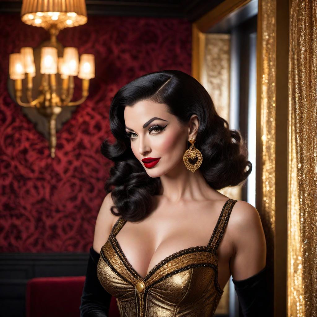  A stunning burlesque dancer in the style of Betty Paige and Norma Jean, with a snarl Mona Lisa smile on her face. She has wavy dark hair, red lipstick, and is dressed in a glamorous black and gold outfit. The background features a vintage keyhole, adding an air of mystery and allure. The scene is set in a 1950s vintage nightclub, with velvet curtains and dim, warm lighting. hyperrealistic, full body, detailed clothing, highly detailed, cinematic lighting, stunningly beautiful, intricate, sharp focus, f/1. 8, 85mm, (centered image composition), (professionally color graded), ((bright soft diffused light)), volumetric fog, trending on instagram, trending on tumblr, HDR 4K, 8K