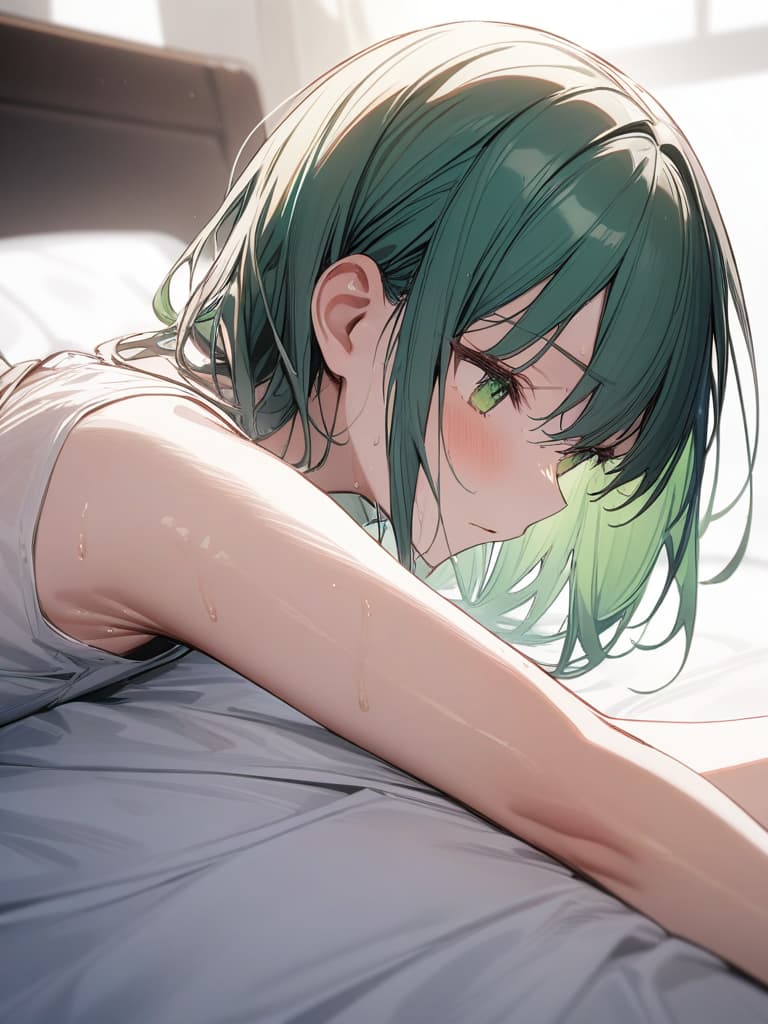  Green hair short hair girls sweaty white tank top, being pushed down by white sheets, the white tank top is transparent and transparent., masterpiece, best quality,8k,ultra detailed,high resolution,an extremely delicate and beautiful,hyper detail