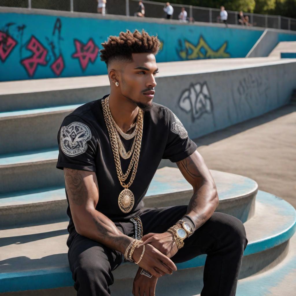  A male model at a skatepark wearing high-end diamond jewelry. The model is stylishly dressed in trendy streetwear fashion, with chains, rings, and a diamond-encrusted watch clearly visible. The skatepark has ramps, graffiti, and a chill urban vibe. hyperrealistic, full body, detailed clothing, highly detailed, cinematic lighting, stunningly beautiful, intricate, sharp focus, f/1. 8, 85mm, (centered image composition), (professionally color graded), ((bright soft diffused light)), volumetric fog, trending on instagram, trending on tumblr, HDR 4K, 8K