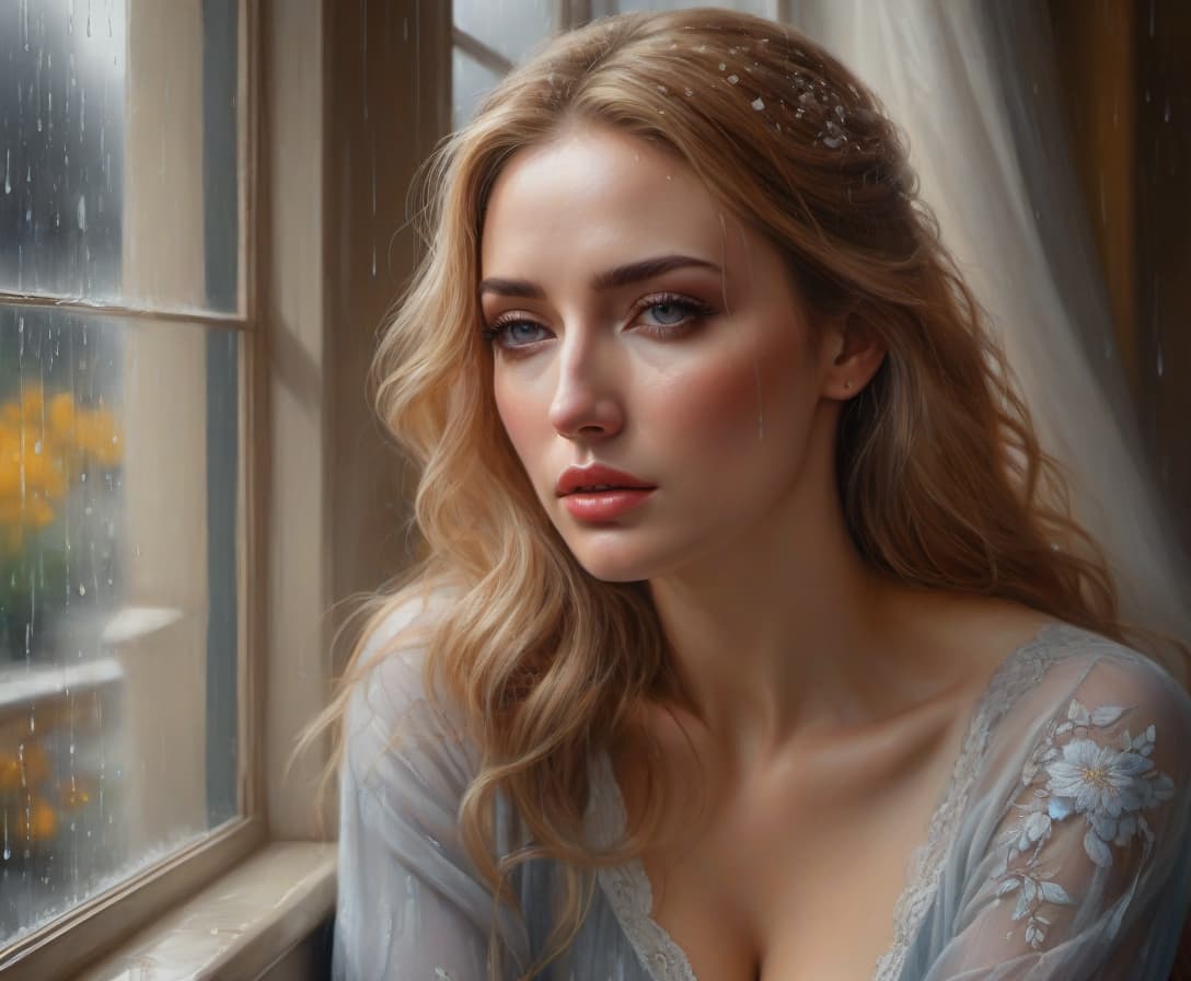  hyperrealistic art "A portrait painted with colors, a beautiful woman with a very sad face, emotions of sadness on the perfectly drawn face, different directions of gaze, rain is falling outside, gloomy, exquisite detailing of the image, maximum clarity, professional, realistic drawing, classical, oil painting in the best traditions of portrait painting, a masterpiece." . extremely high resolution details, photographic, realism pushed to extreme, fine texture, incredibly lifelike hyperrealistic, full body, detailed clothing, highly detailed, cinematic lighting, stunningly beautiful, intricate, sharp focus, f/1. 8, 85mm, (centered image composition), (professionally color graded), ((bright soft diffused light)), volumetric fog, trending on instagram, trending on tumblr, HDR 4K, 8K