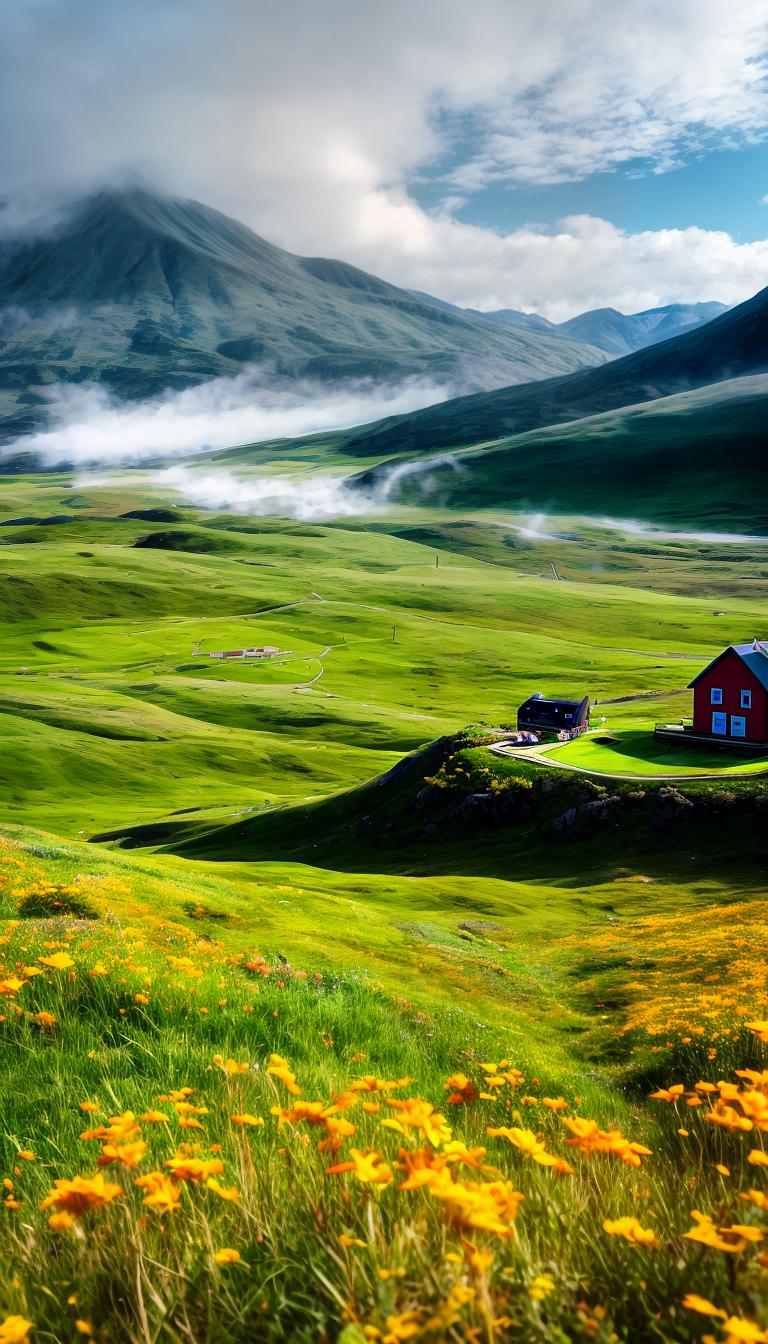  On the vast grassland, where there are ups and downs of green grass, there are small red flowers and a small house. In the blue sky, white clouds float. In the distance is a large mountain with a forest and mist rising from the mountain. Ultra wide angle lens hyperrealistic, full body, detailed clothing, highly detailed, cinematic lighting, stunningly beautiful, intricate, sharp focus, f/1. 8, 85mm, (centered image composition), (professionally color graded), ((bright soft diffused light)), volumetric fog, trending on instagram, trending on tumblr, HDR 4K, 8K