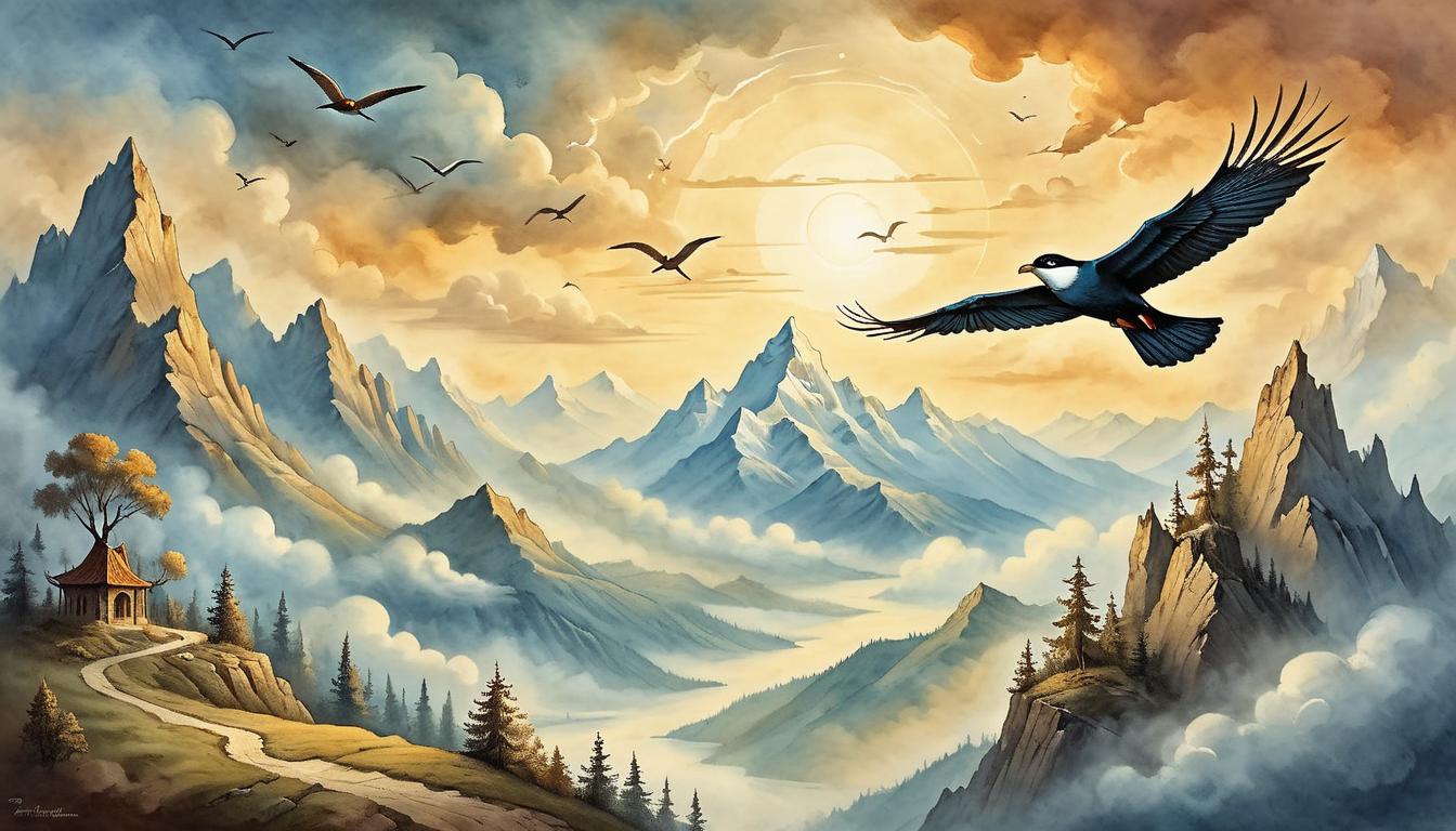  on parchment, surrealism+++, Bird soaring high above mountains, sunrise breaking through clouds, vast landscape below, sense of freedom, soaring ambition, enlightened journey(mysterious, provocative, symbolic,muted color)+++