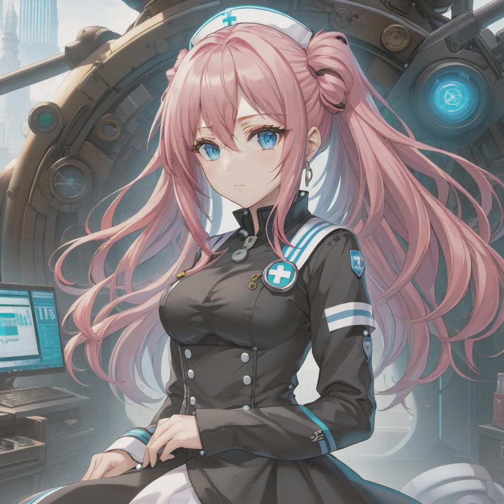  anime artwork Anime girl with long rosy pink hair, short. Blue eyes, nurse, scientist, cyberpunk, black dress with a high collar and sleeves to the elbows. Blue stripes on sleeves and collar. . anime style, key visual, vibrant, studio anime, highly detailed hyperrealistic, full body, detailed clothing, highly detailed, cinematic lighting, stunningly beautiful, intricate, sharp focus, f/1. 8, 85mm, (centered image composition), (professionally color graded), ((bright soft diffused light)), volumetric fog, trending on instagram, trending on tumblr, HDR 4K, 8K