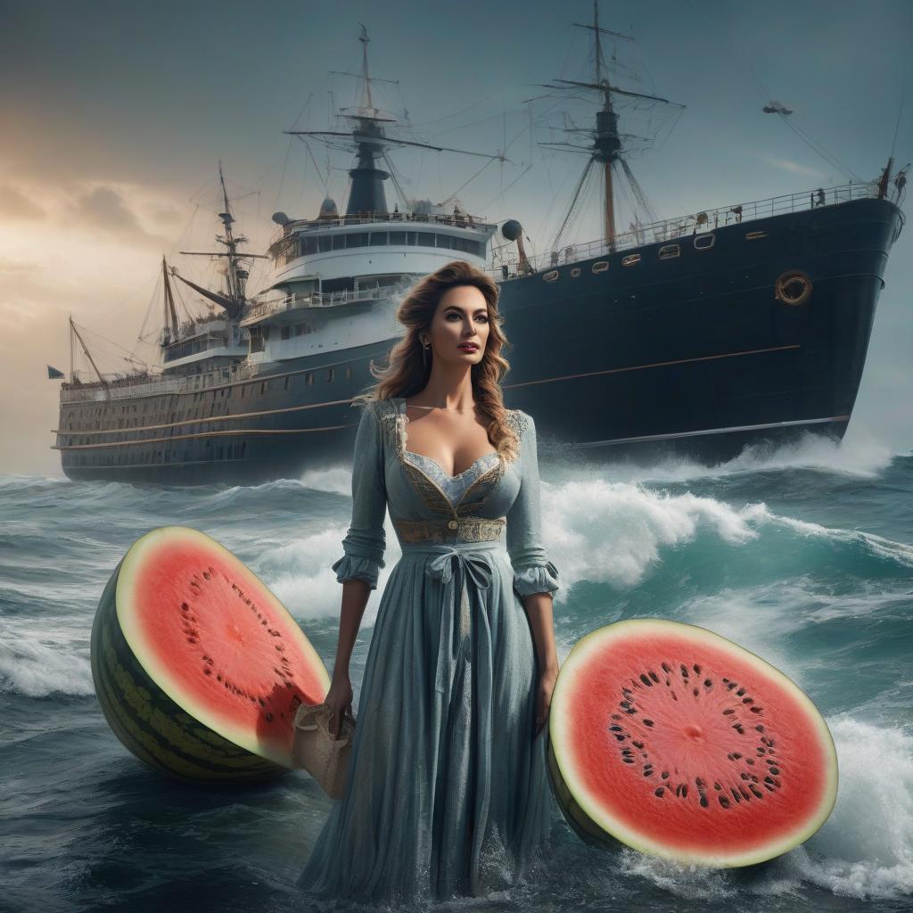  nautical themed crazy melon . sea, ocean, ships, maritime, beach, marine life, highly detailed hyperrealistic, full body, detailed clothing, highly detailed, cinematic lighting, stunningly beautiful, intricate, sharp focus, f/1. 8, 85mm, (centered image composition), (professionally color graded), ((bright soft diffused light)), volumetric fog, trending on instagram, trending on tumblr, HDR 4K, 8K