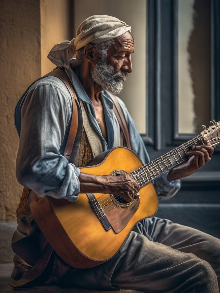  The old guitarist, Picasso hyperrealistic, full body, detailed clothing, highly detailed, cinematic lighting, stunningly beautiful, intricate, sharp focus, f/1. 8, 85mm, (centered image composition), (professionally color graded), ((bright soft diffused light)), volumetric fog, trending on instagram, trending on tumblr, HDR 4K, 8K