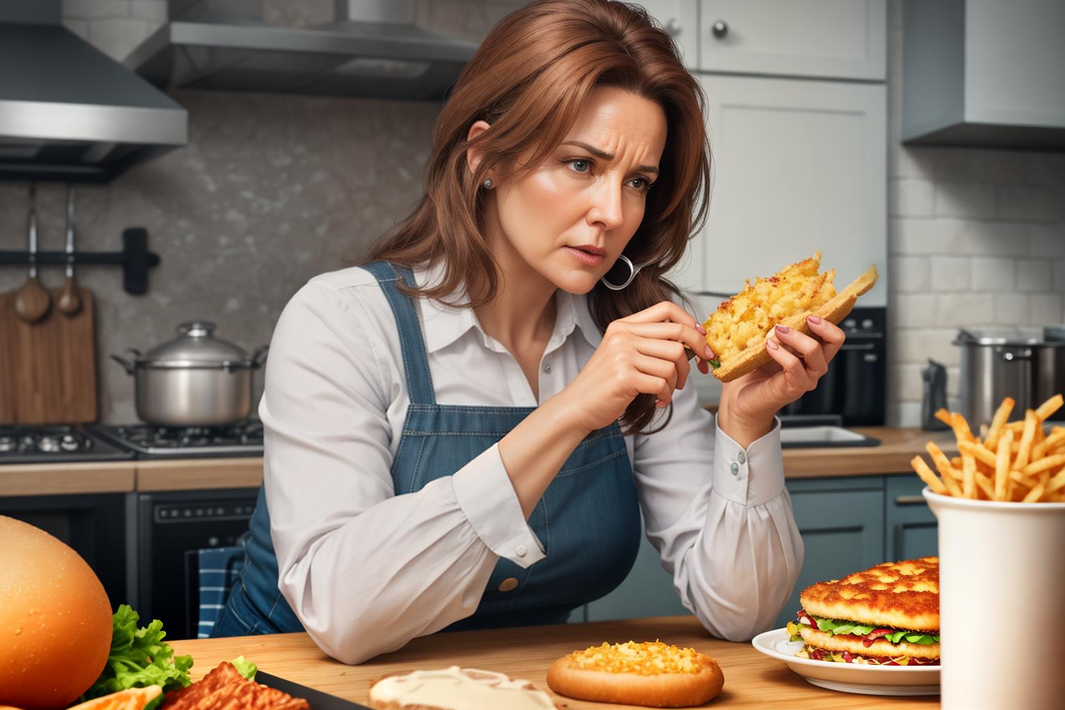  "Realistic close up of a middle aged woman (female) with a worried expression, sitting at a kitchen table. The table has five distinct foods known to cause dementia: processed meats, sugary snacks, fried foods, refined carbs, and high fat dairy products. The background is a simple, clean kitchen setting, slightly blurred to keep the focus on the woman and the foods. The lighting is natural, highlighting the textures and details of the foods and the woman's concerned face. The overall mood is serious and informative, with a clear emphasis on the potential dangers of these foods."Ensure no face,leg,hand or eye defomities.Ensure all images are clear, detailed, contains no text and no deformities. realistic, highly detailed, photorealistic, cin hyperrealistic, full body, detailed clothing, highly detailed, cinematic lighting, stunningly beautiful, intricate, sharp focus, f/1. 8, 85mm, (centered image composition), (professionally color graded), ((bright soft diffused light)), volumetric fog, trending on instagram, trending on tumblr, HDR 4K, 8K