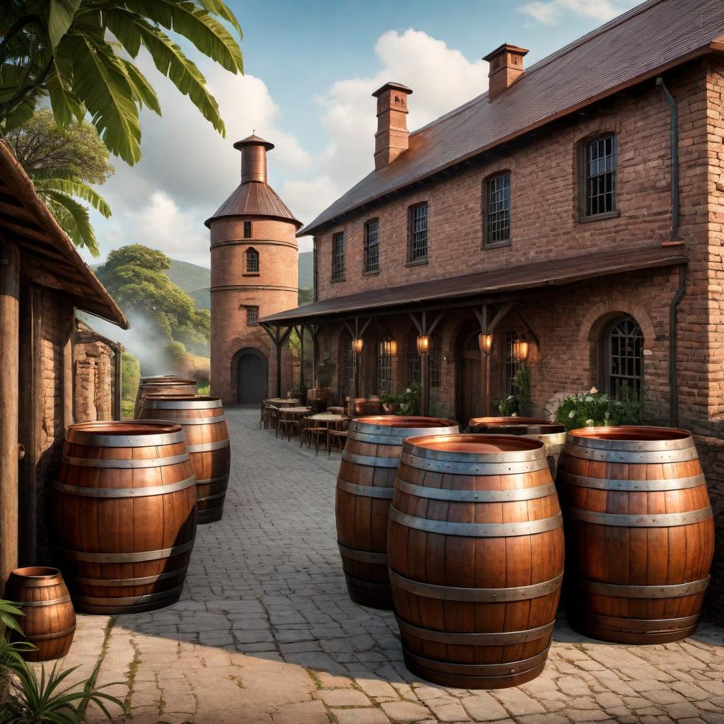  Drawing of a Cruzan rum distillery. Show traditional distillery buildings with large copper pot stills, wooden barrels, cane fields in the background, aged brick buildings, and a general atmosphere of craftsmanship and heritage. hyperrealistic, full body, detailed clothing, highly detailed, cinematic lighting, stunningly beautiful, intricate, sharp focus, f/1. 8, 85mm, (centered image composition), (professionally color graded), ((bright soft diffused light)), volumetric fog, trending on instagram, trending on tumblr, HDR 4K, 8K