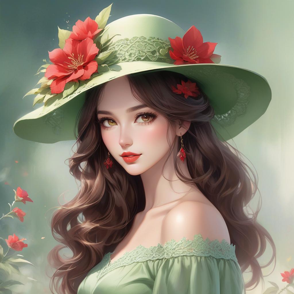  concept art A digital artwork of a young woman with wavy brown hair, wearing a green hat adorned with a red flower, with a soft focus background. Create the image of a young woman with a fair complexion and soft facial features. She has charming almond shaped hazel eyes and full lips that add to her serene expression. Her wavy, dark brown hair falls gracefully under a wide brimmed, light green hat decorated with intricate lace patterns and a delicate red flower. The background merges with her form in a dreamy watercolor blend of green, red and hints of yellow, suggesting a mix of floral and abstract elements. The woman wears an off the shoulder top with a touch of blue, adding to the overall soft and artistic atmosphere of the scene. The  hyperrealistic, full body, detailed clothing, highly detailed, cinematic lighting, stunningly beautiful, intricate, sharp focus, f/1. 8, 85mm, (centered image composition), (professionally color graded), ((bright soft diffused light)), volumetric fog, trending on instagram, trending on tumblr, HDR 4K, 8K