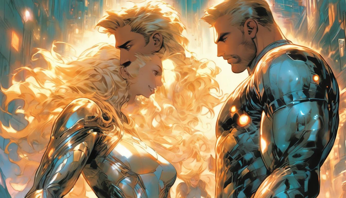  hyperrealism,fantasy aesthetic1man1woman, large busted attractive blonde arian female humanoid and handsome male humanoid, sharing compassionate words, light codes surrounding them, celestial glow, high tech clothing clad in sleek, futuristic costume with metallic accents and form fitting designs, marvel superhero comics style, unreal engine rendering