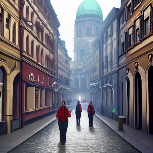  A bustling street in Berlin, Germany, with a mix of old and new architecture, cobblestone roads, and people strolling by. The scene is captured in a vibrant, cinematic style with dynamic lighting and a sense of movement, 8K resolution, digital art, trending on Artstation. hyperrealistic, full body, detailed clothing, highly detailed, cinematic lighting, stunningly beautiful, intricate, sharp focus, f/1. 8, 85mm, (centered image composition), (professionally color graded), ((bright soft diffused light)), volumetric fog, trending on instagram, trending on tumblr, HDR 4K, 8K