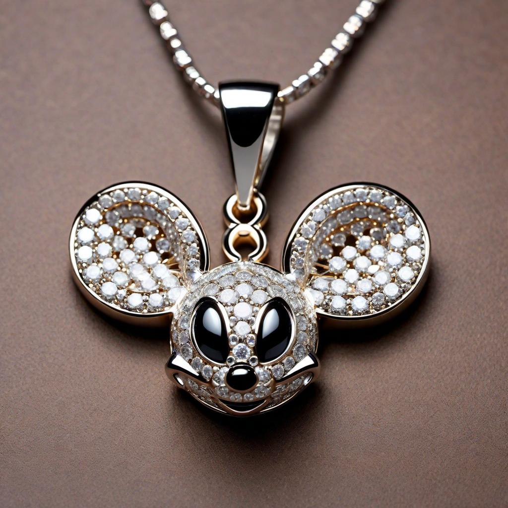  A diamond-encrusted Deadmau5 pendant with a sleek and modern design. The pendant features the iconic Deadmau5 mouse head logo covered in sparkling diamonds, with intricate detailing and a polished finish. The diamonds should shimmer and reflect light, emphasizing the luxury and elegance of the piece. hyperrealistic, full body, detailed clothing, highly detailed, cinematic lighting, stunningly beautiful, intricate, sharp focus, f/1. 8, 85mm, (centered image composition), (professionally color graded), ((bright soft diffused light)), volumetric fog, trending on instagram, trending on tumblr, HDR 4K, 8K