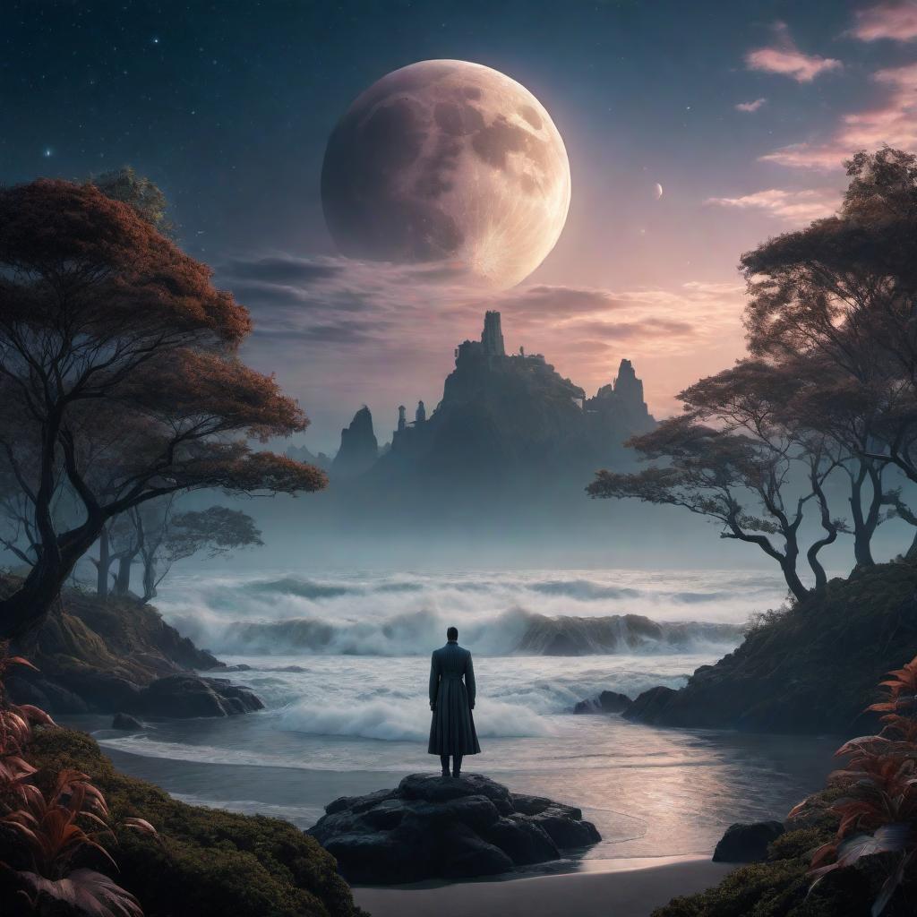  A surreal scene depicting a landscape where elements appear dream-like and fantastical. The background features a twilight sky with stars and a large, ethereal moon. In the foreground, there are various elements blending into each other, like a forest that transitions into a beach, and waves turning into clouds. A figure stands in the center looking contemplative, with their shadow morphing into a different shape or creature, illustrating the concept of a dream within a dream. hyperrealistic, full body, detailed clothing, highly detailed, cinematic lighting, stunningly beautiful, intricate, sharp focus, f/1. 8, 85mm, (centered image composition), (professionally color graded), ((bright soft diffused light)), volumetric fog, trending on instagram, trending on tumblr, HDR 4K, 8K