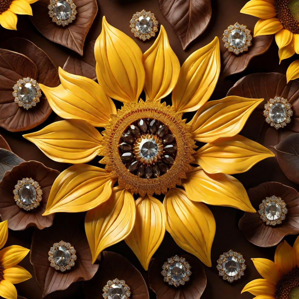  A sunflower designed using trillion cut and round cut gemstones. The petals of the sunflower are represented by golden yellow trillion cut gemstones arranged in a circular pattern. The center of the sunflower features round cut gemstones in a rich brown color, creating a sparkling, luxurious look. The overall image should highlight the intricate details and facets of the gemstones, reflecting light and radiating brilliance. hyperrealistic, full body, detailed clothing, highly detailed, cinematic lighting, stunningly beautiful, intricate, sharp focus, f/1. 8, 85mm, (centered image composition), (professionally color graded), ((bright soft diffused light)), volumetric fog, trending on instagram, trending on tumblr, HDR 4K, 8K