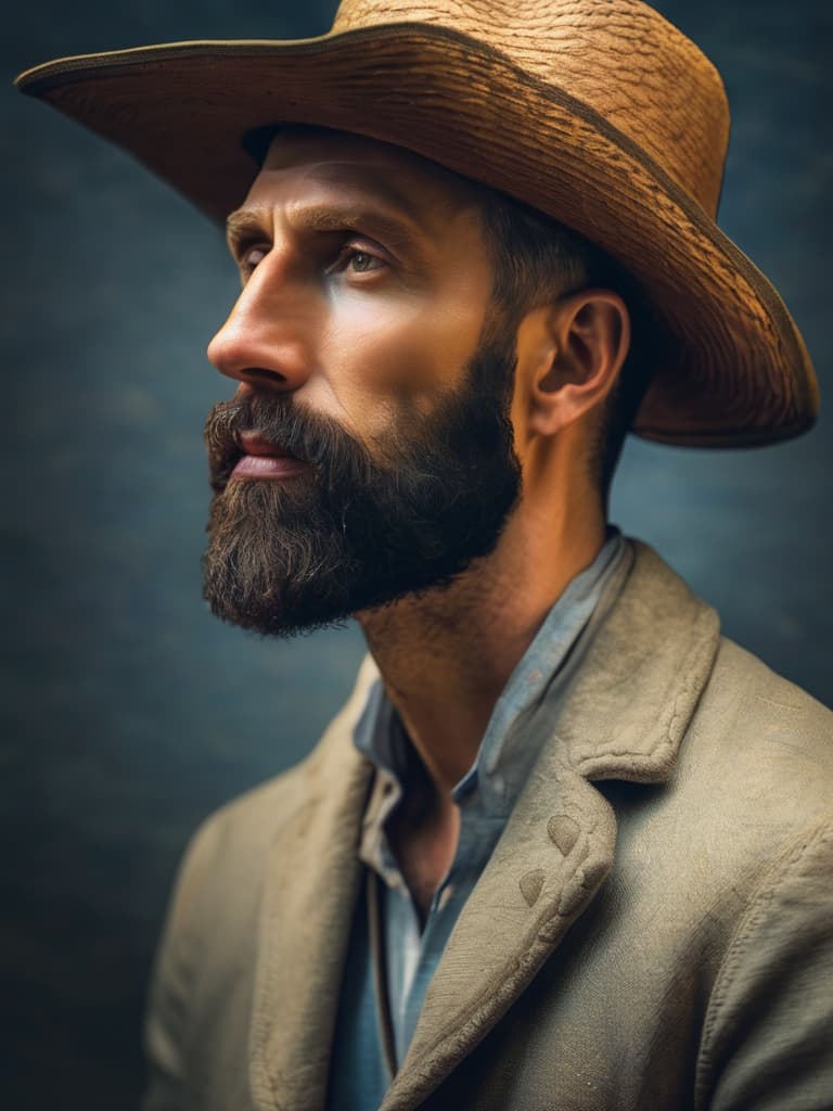  Self portrait by Van Gogh hyperrealistic, full body, detailed clothing, highly detailed, cinematic lighting, stunningly beautiful, intricate, sharp focus, f/1. 8, 85mm, (centered image composition), (professionally color graded), ((bright soft diffused light)), volumetric fog, trending on instagram, trending on tumblr, HDR 4K, 8K