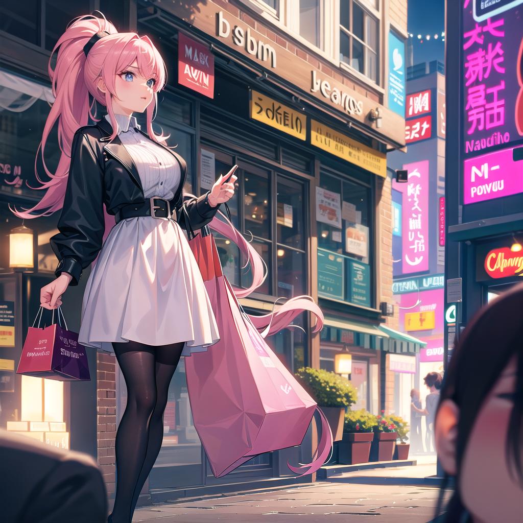  pink haired girl,ponytail,large eyes,shopping, hyperrealistic, full body, detailed clothing, highly detailed, cinematic lighting, stunningly beautiful, intricate, sharp focus, f/1. 8, 85mm, (centered image composition), (professionally color graded), ((bright soft diffused light)), volumetric fog, trending on instagram, trending on tumblr, HDR 4K, 8K