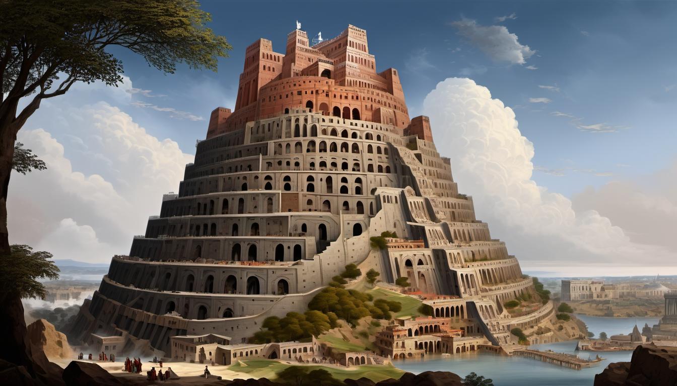  digital painting of Completed Tower of Babel, grandiose, intricate designs, symbol of human intellect, surges into the sky, testament to human capability, immense height looking at viewer, dynamic pose, (intricate details, masterpiece, best quality)