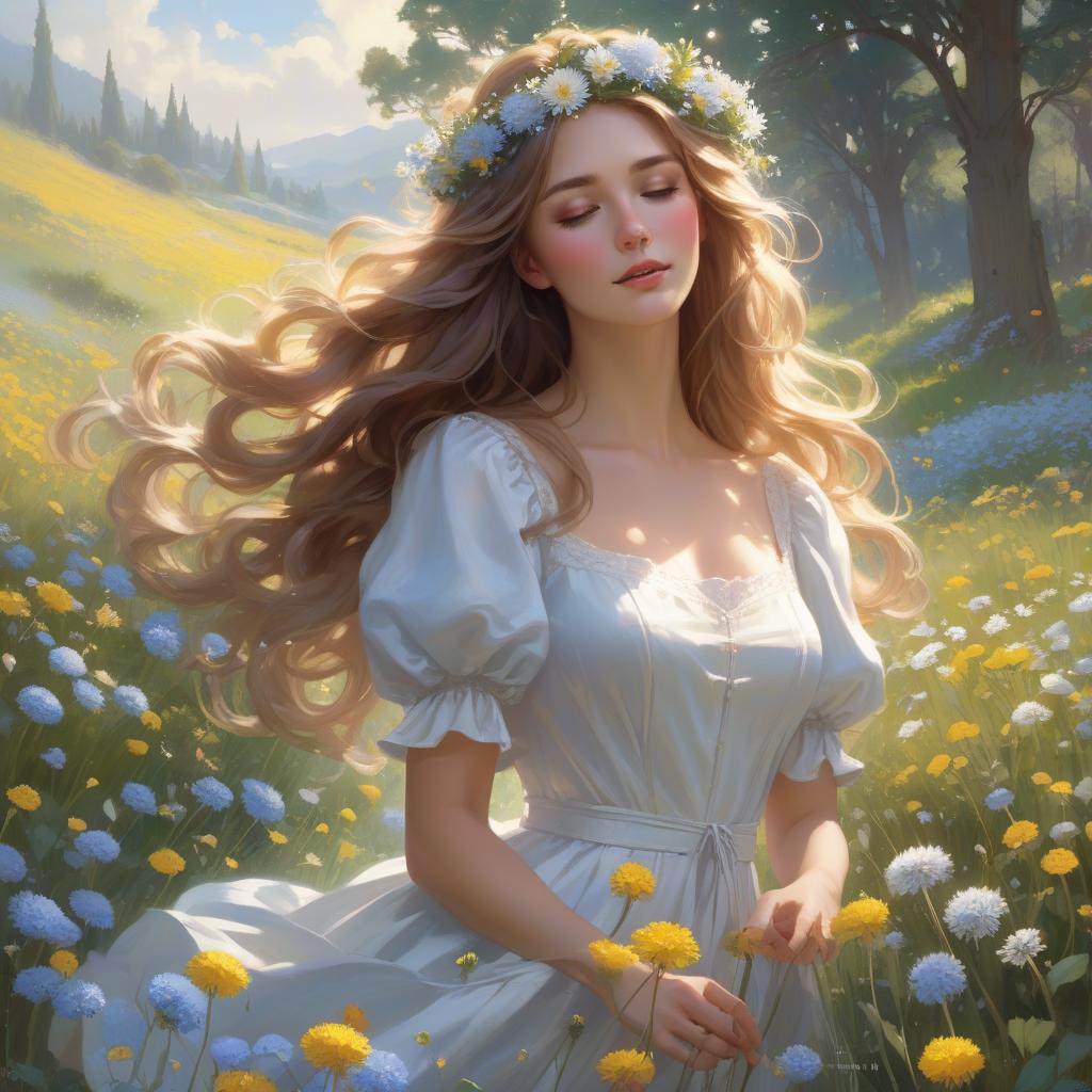  concept art A with a floral crown and flowing hair is amidst a bright field of flowers, sunlight dappling through, creating a serene, magical atmosphere In the style of Daniel F Gerhartz and Morgan Weistling. A young with long, wavy hair adorned with small blue and white flowers blowing on a dandelion in a meadow filled with dandelions and other small flowers. She wears a white dress with puffy sleeves. The scene is ed in soft, warm light, creating a dreamy, ethereal atmosphere. Started from image: . digital artwork, ilrative, painterly, matte painting, highly detailed hyperrealistic, full body, detailed clothing, highly detailed, cinematic lighting, stunningly beautiful, intricate, sharp focus, f/1. 8, 85mm, (centered image composition), (professionally color graded), ((bright soft diffused light)), volumetric fog, trending on instagram, trending on tumblr, HDR 4K, 8K