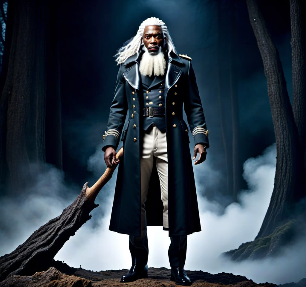  lovecraftian horror A black man, a soldier, in a coat, with a beard, long white hair, standing upright, well built body, height 2 meters, carrying an axe. . eldritch, cosmic horror, unknown, mysterious, surreal, highly detailed hyperrealistic, full body, detailed clothing, highly detailed, cinematic lighting, stunningly beautiful, intricate, sharp focus, f/1. 8, 85mm, (centered image composition), (professionally color graded), ((bright soft diffused light)), volumetric fog, trending on instagram, trending on tumblr, HDR 4K, 8K